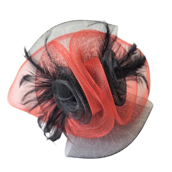 Red and Black Headband Fascinator with Black and Red Rosettes Black Feathers - Picture 4 of 13